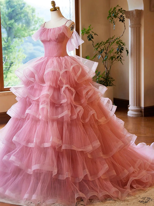 Pink Tulle Layers Long A-Line Prom Dress, Pink Spaghetti Strap Sweet 16 Dress Evening Dress TP150