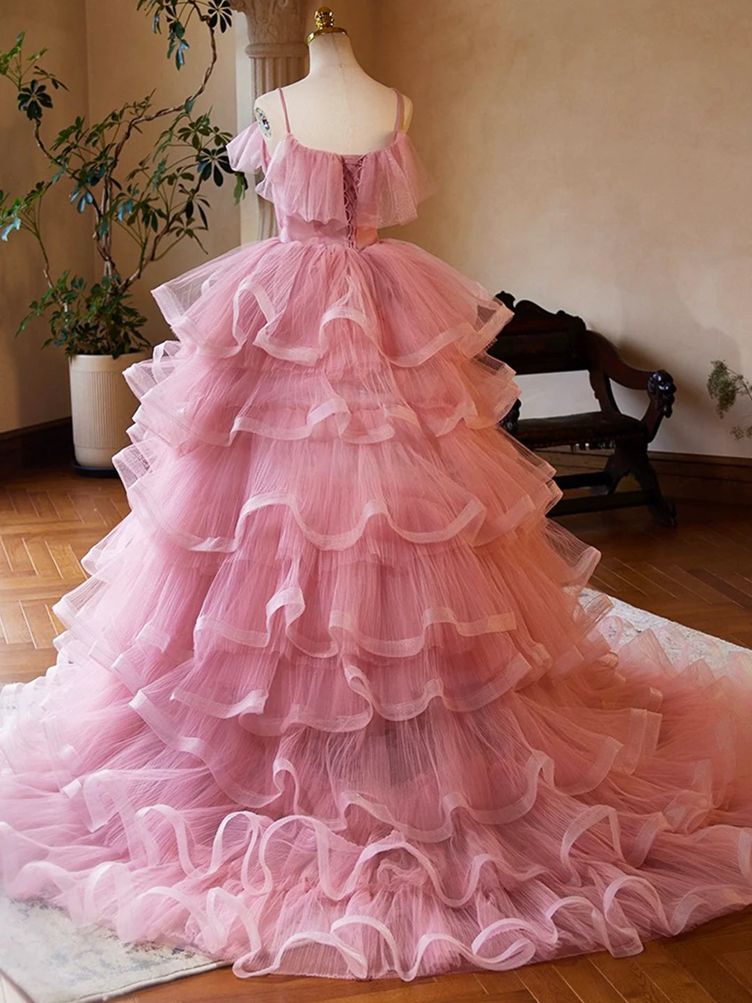 Pink Tulle Layers Long A-Line Prom Dress, Pink Spaghetti Strap Sweet 16 Dress Evening Dress TP150