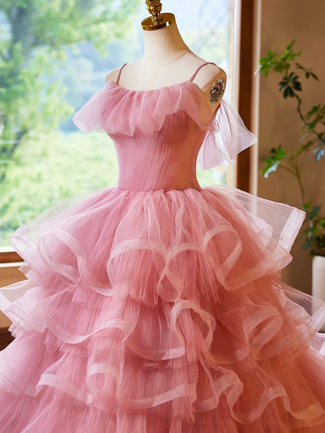 Pink Tulle Layers Long A-Line Prom Dress, Pink Spaghetti Strap Sweet 16 Dress Evening Dress TP150
