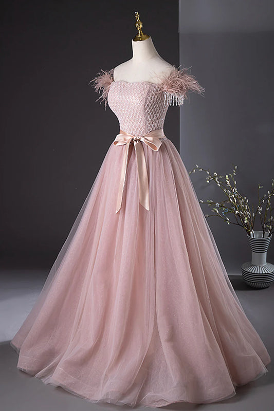 Pink Tulle Beaded Long Prom Dress, Lovely Pink Off the Shoulder Evening Party Dress TP154