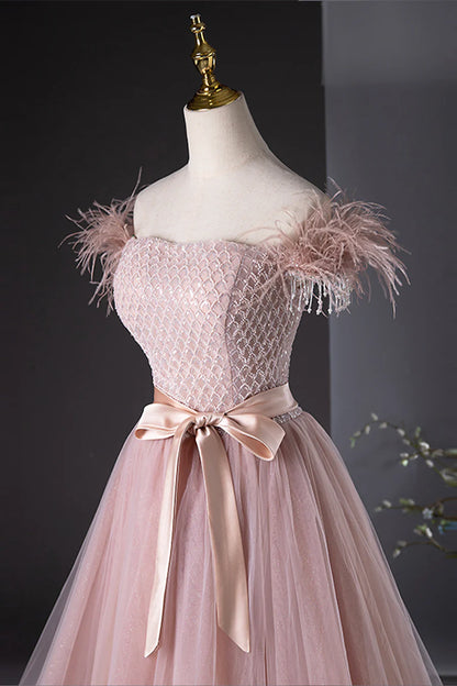 Pink Tulle Beaded Long Prom Dress, Lovely Pink Off the Shoulder Evening Party Dress TP154