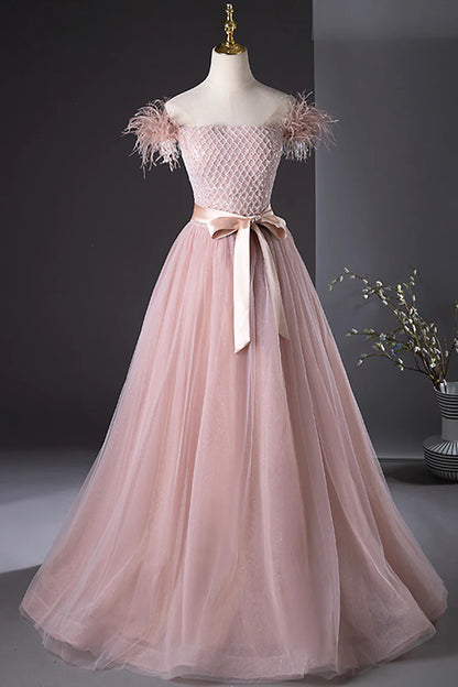 Pink Tulle Beaded Long Prom Dress, Lovely Pink Off the Shoulder Evening Party Dress TP154