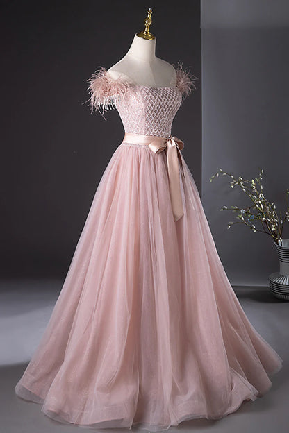 Pink Tulle Beaded Long Prom Dress, Lovely Pink Off the Shoulder Evening Party Dress TP154