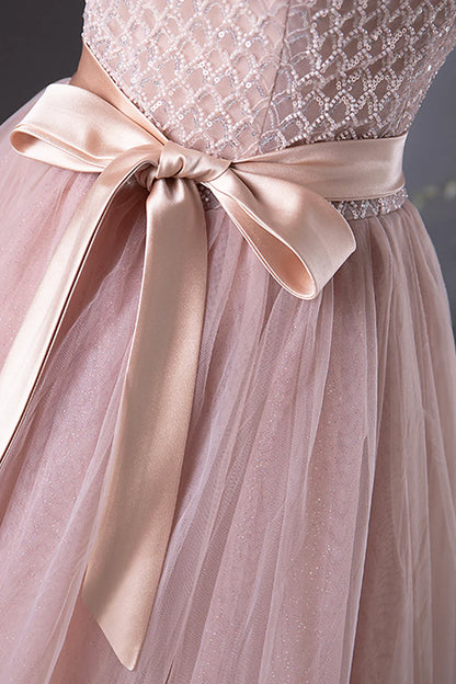 Pink Tulle Beaded Long Prom Dress, Lovely Pink Off the Shoulder Evening Party Dress TP154