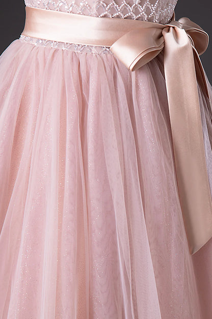 Pink Tulle Beaded Long Prom Dress, Lovely Pink Off the Shoulder Evening Party Dress TP154