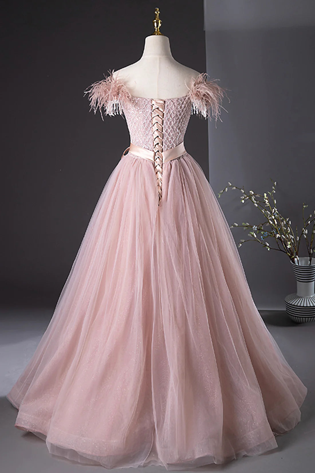 Pink Tulle Beaded Long Prom Dress, Lovely Pink Off the Shoulder Evening Party Dress TP154