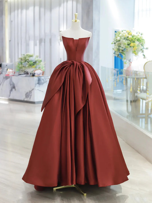 Burgundy Strapless Satin Long Prom Dress, Beautiful A-Line Evening Party Dress TP155