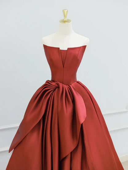 Burgundy Strapless Satin Long Prom Dress, Beautiful A-Line Evening Party Dress TP155