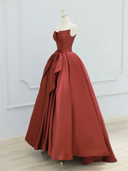Burgundy Strapless Satin Long Prom Dress, Beautiful A-Line Evening Party Dress TP155
