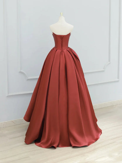 Burgundy Strapless Satin Long Prom Dress, Beautiful A-Line Evening Party Dress TP155