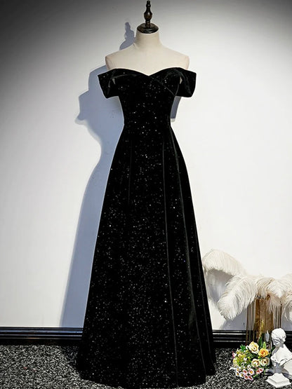 Black Velvet Long Prom Dress, Black Off the Shoulder Evening Party Dress TP157