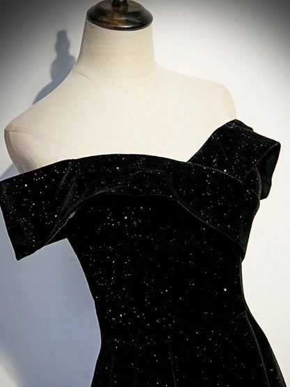 Black Velvet Long Prom Dress, Black Off the Shoulder Evening Party Dress TP157
