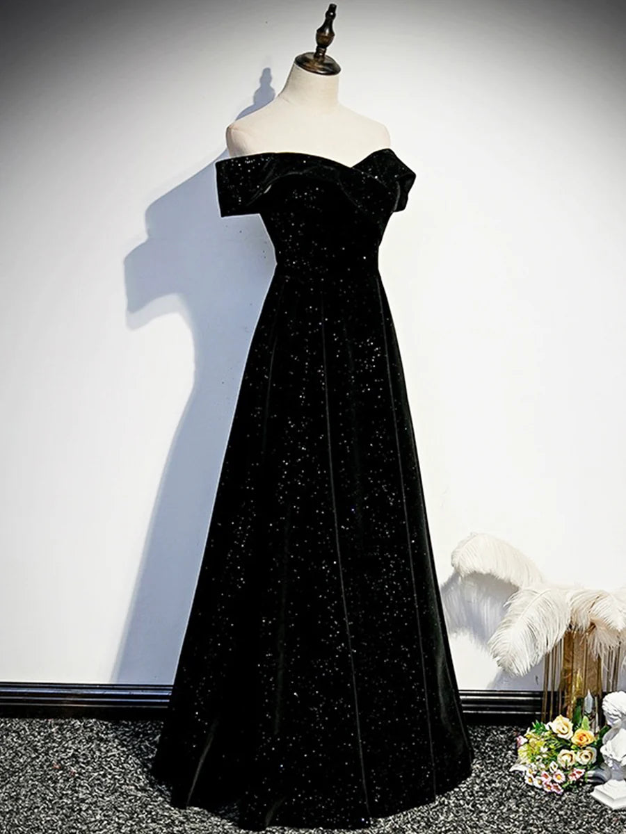 Black Velvet Long Prom Dress, Black Off the Shoulder Evening Party Dress TP157