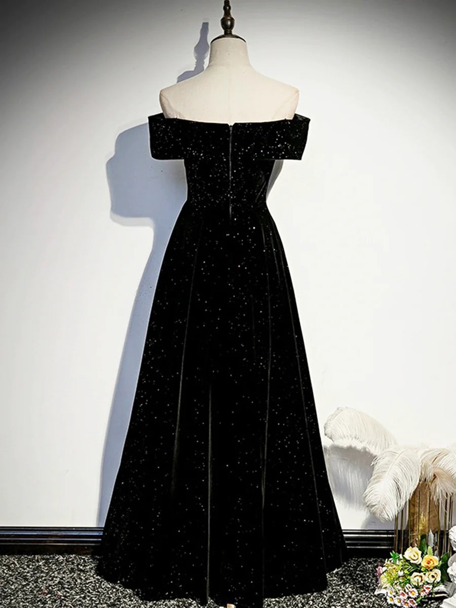 Black Velvet Long Prom Dress, Black Off the Shoulder Evening Party Dress TP157