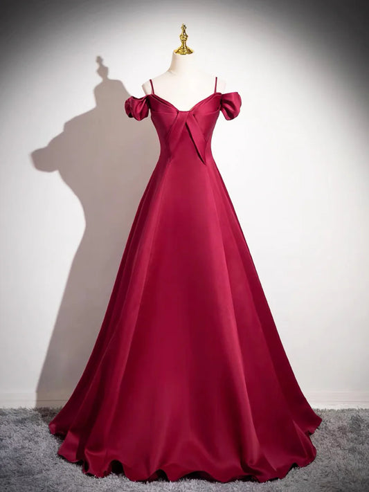 Burgundy Spaghetti Strap Satin Long Prom Dress, A-Line Evening Party Dress TP160