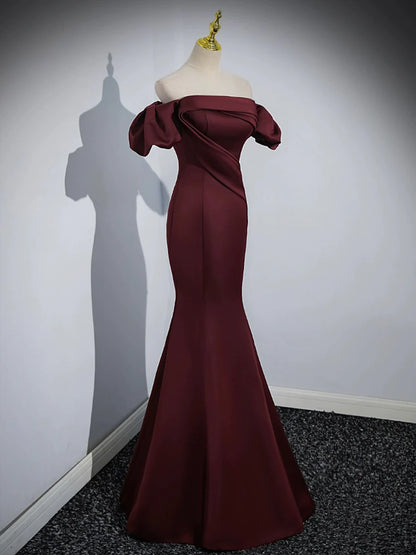 Burgundy Satin Long Prom Dress, Mermaid Off the Shoulder Evening Party Dress TP162