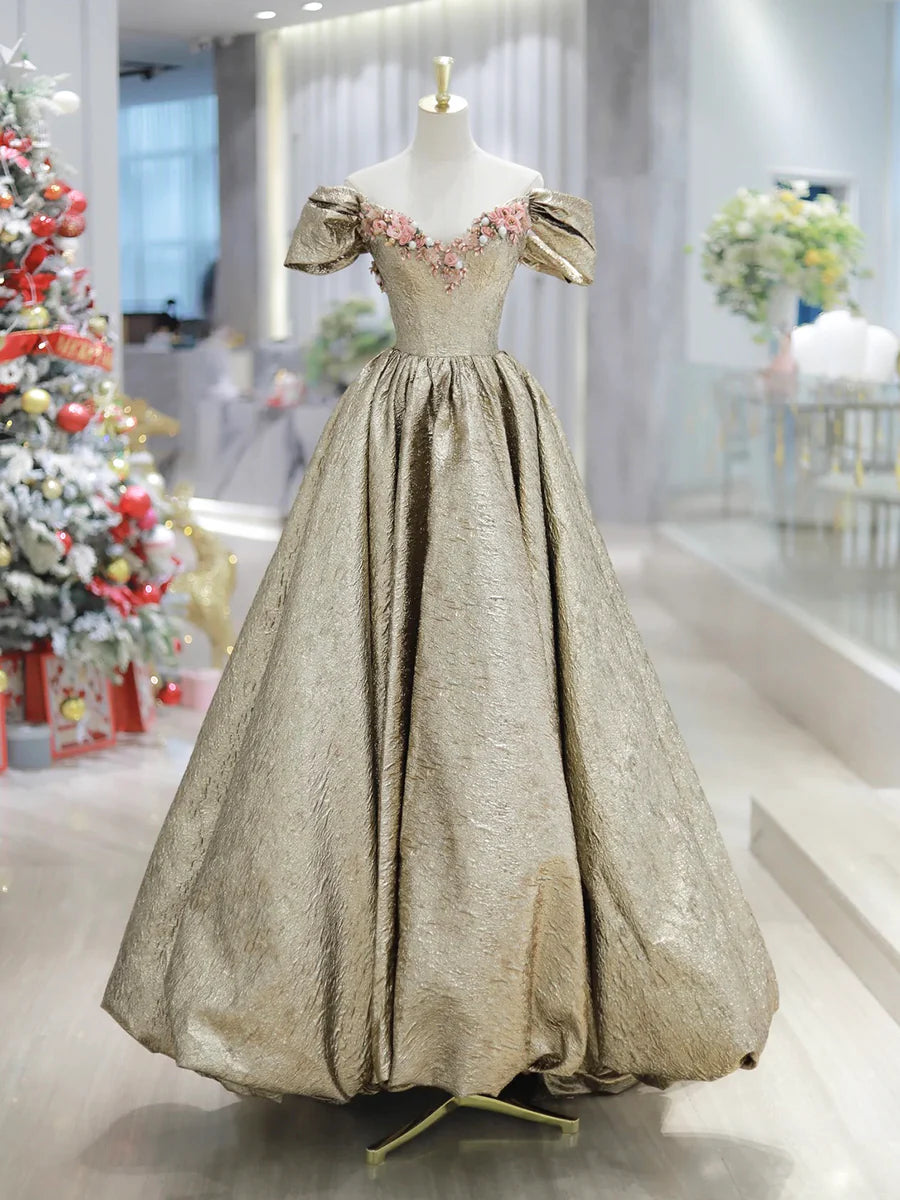 Gold Satin V-Neck Long Prom Dress with Flowers, Off the Shoulder A-Line Formal Dress TP163