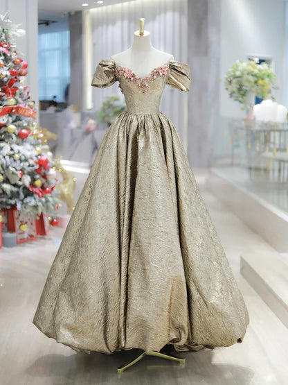 Gold Satin V-Neck Long Prom Dress with Flowers, Off the Shoulder A-Line Formal Dress TP163