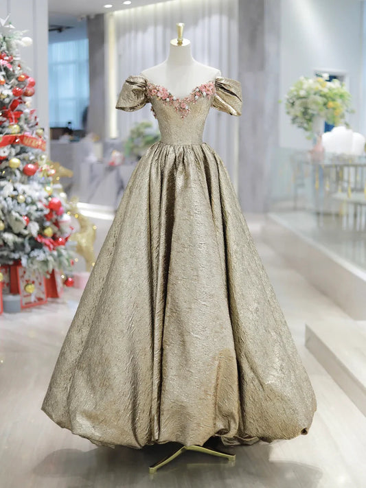 Gold Satin V-Neck Long Prom Dress with Flowers, Off the Shoulder A-Line Formal Dress TP163