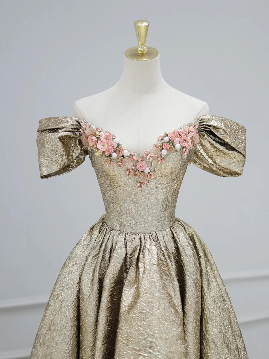 Gold Satin V-Neck Long Prom Dress with Flowers, Off the Shoulder A-Line Formal Dress TP163