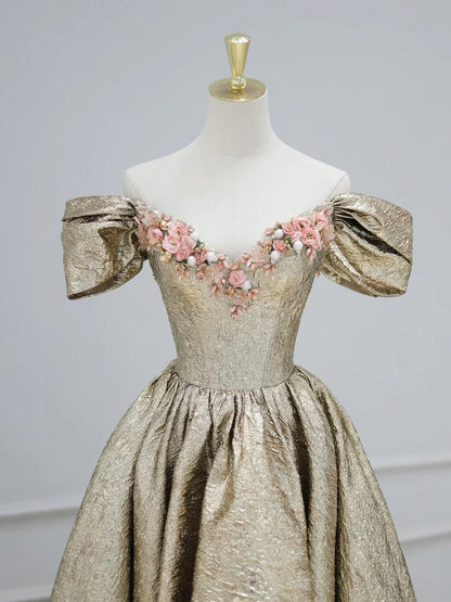 Gold Satin V-Neck Long Prom Dress with Flowers, Off the Shoulder A-Line Formal Dress TP163