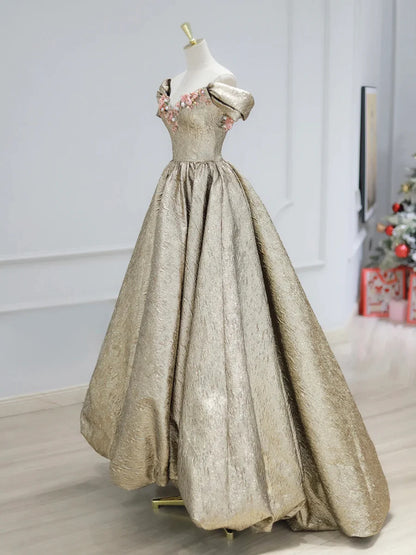 Gold Satin V-Neck Long Prom Dress with Flowers, Off the Shoulder A-Line Formal Dress TP163