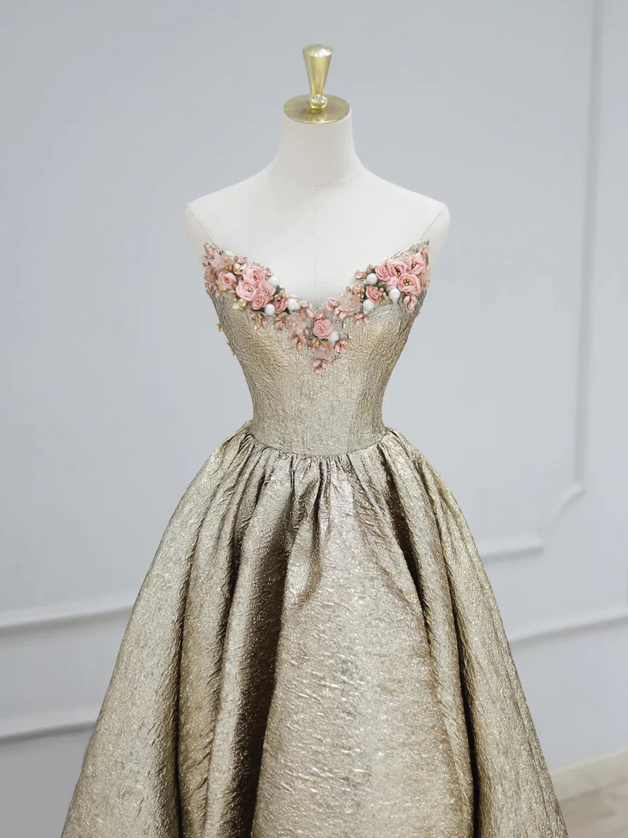 Gold Satin V-Neck Long Prom Dress with Flowers, Off the Shoulder A-Line Formal Dress TP163