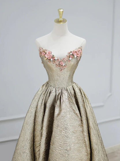 Gold Satin V-Neck Long Prom Dress with Flowers, Off the Shoulder A-Line Formal Dress TP163