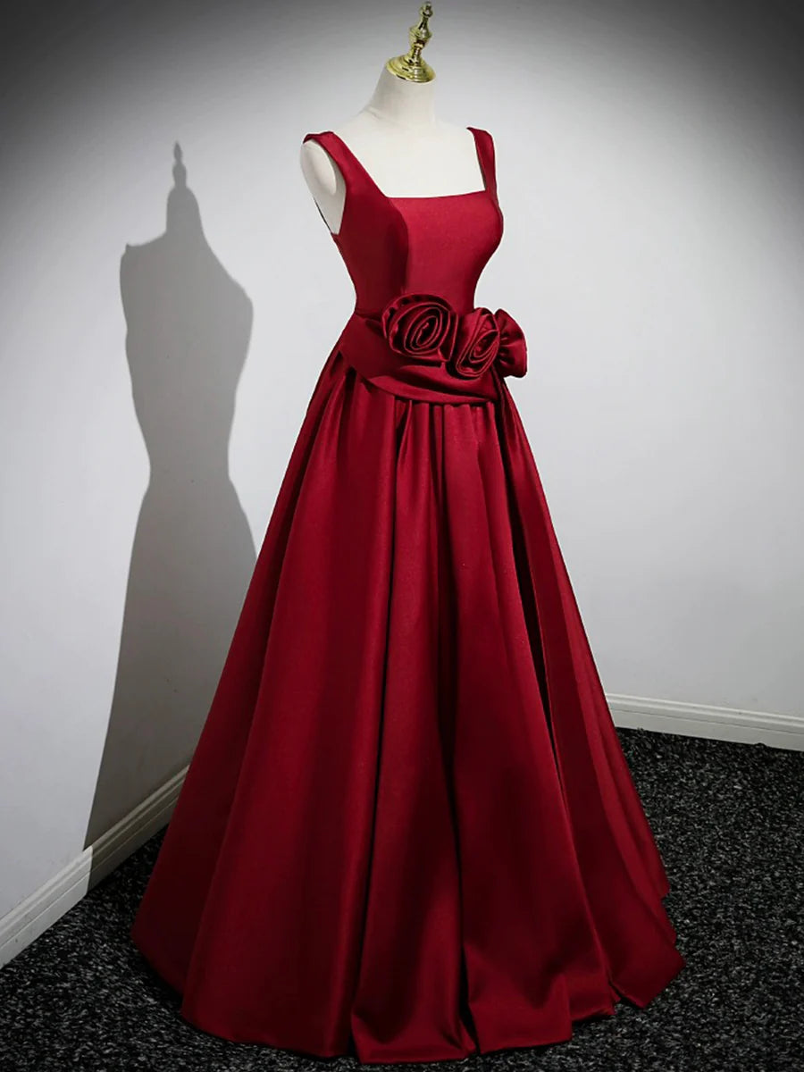 Burgundy Satin Long Prom Dress with Flowers, Elegant A-Line Party Dress TP164