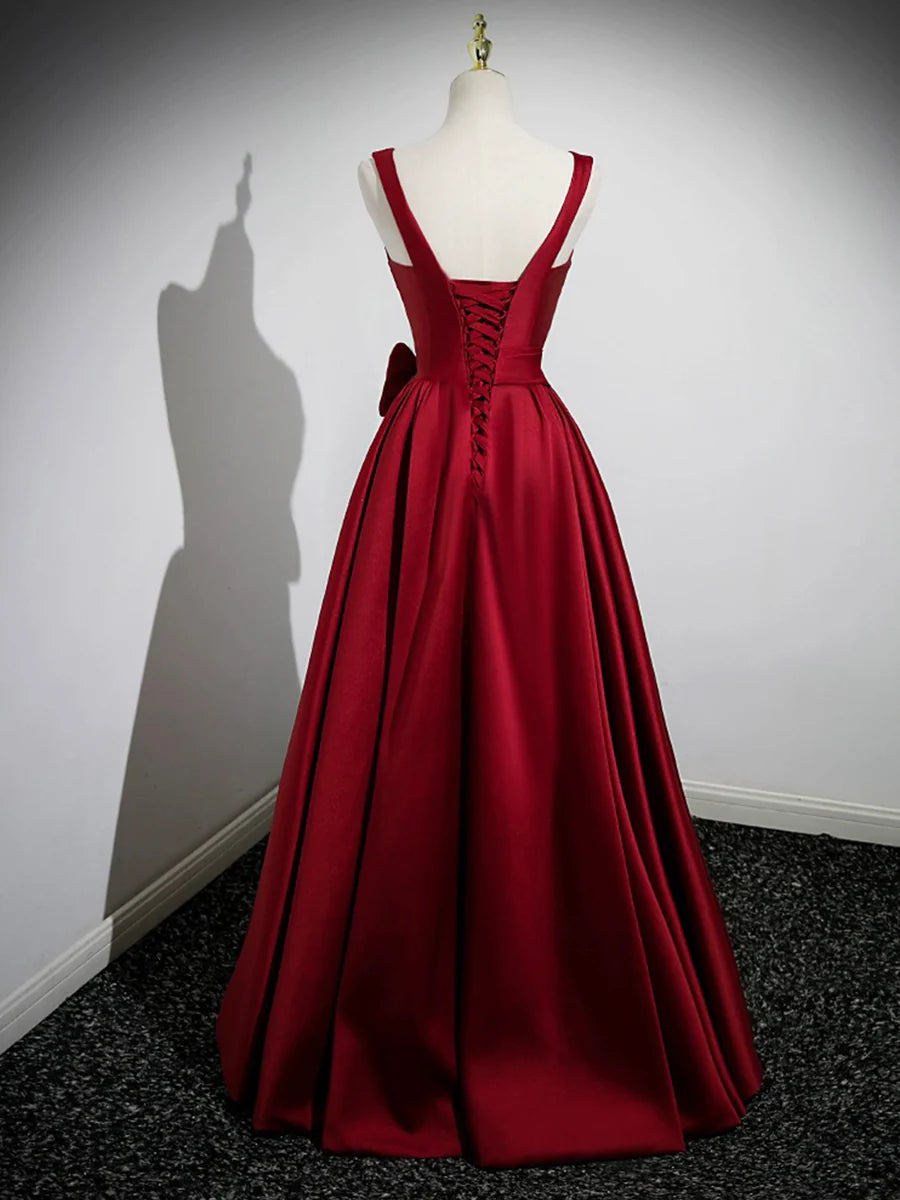 Burgundy Satin Long Prom Dress with Flowers, Elegant A-Line Party Dress TP164