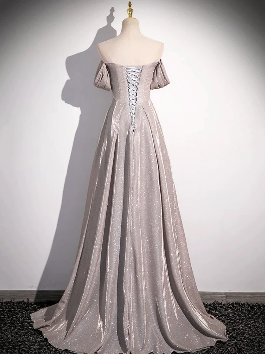 Simple Sequins Ruffle Long Evening Dresses, Off the Shoulder Formal Party Dresses TP166