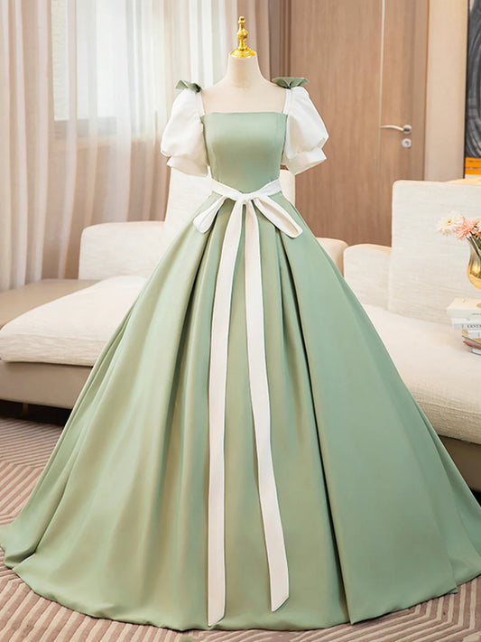 White and Green Satin Long Prom Dress, A-Line Short Sleeve Evening Party Dress TP167