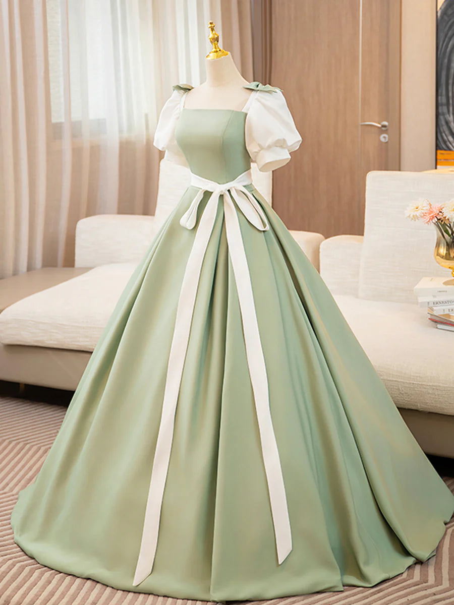 White and Green Satin Long Prom Dress, A-Line Short Sleeve Evening Party Dress TP167
