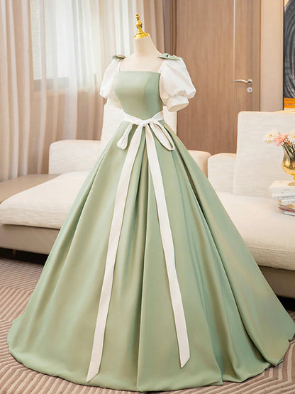White and Green Satin Long Prom Dress, A-Line Short Sleeve Evening Party Dress TP167
