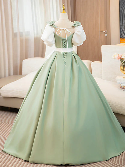 White and Green Satin Long Prom Dress, A-Line Short Sleeve Evening Party Dress TP167