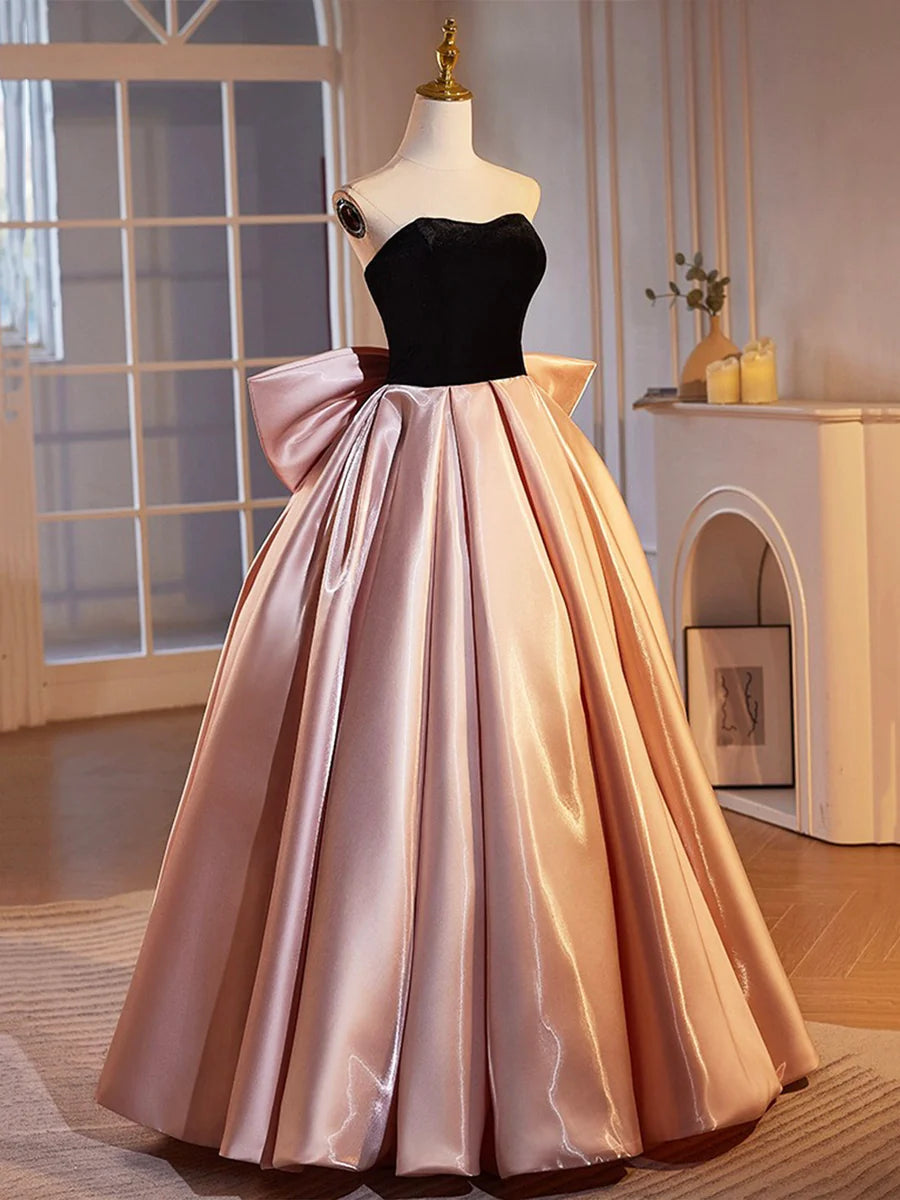 Black Velvet and Pink Satin Floor Length Prom Dress, Beautiful A-Line Strapless Party Dress TP168