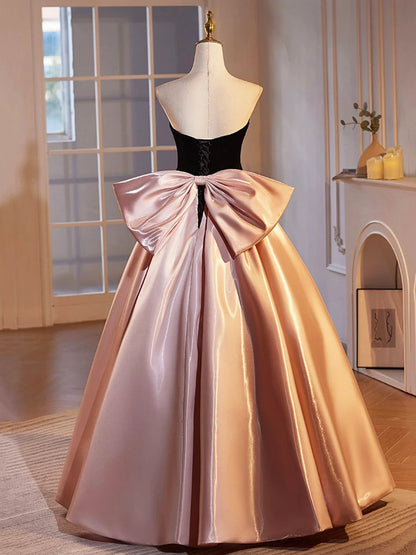 Black Velvet and Pink Satin Floor Length Prom Dress, Beautiful A-Line Strapless Party Dress TP168