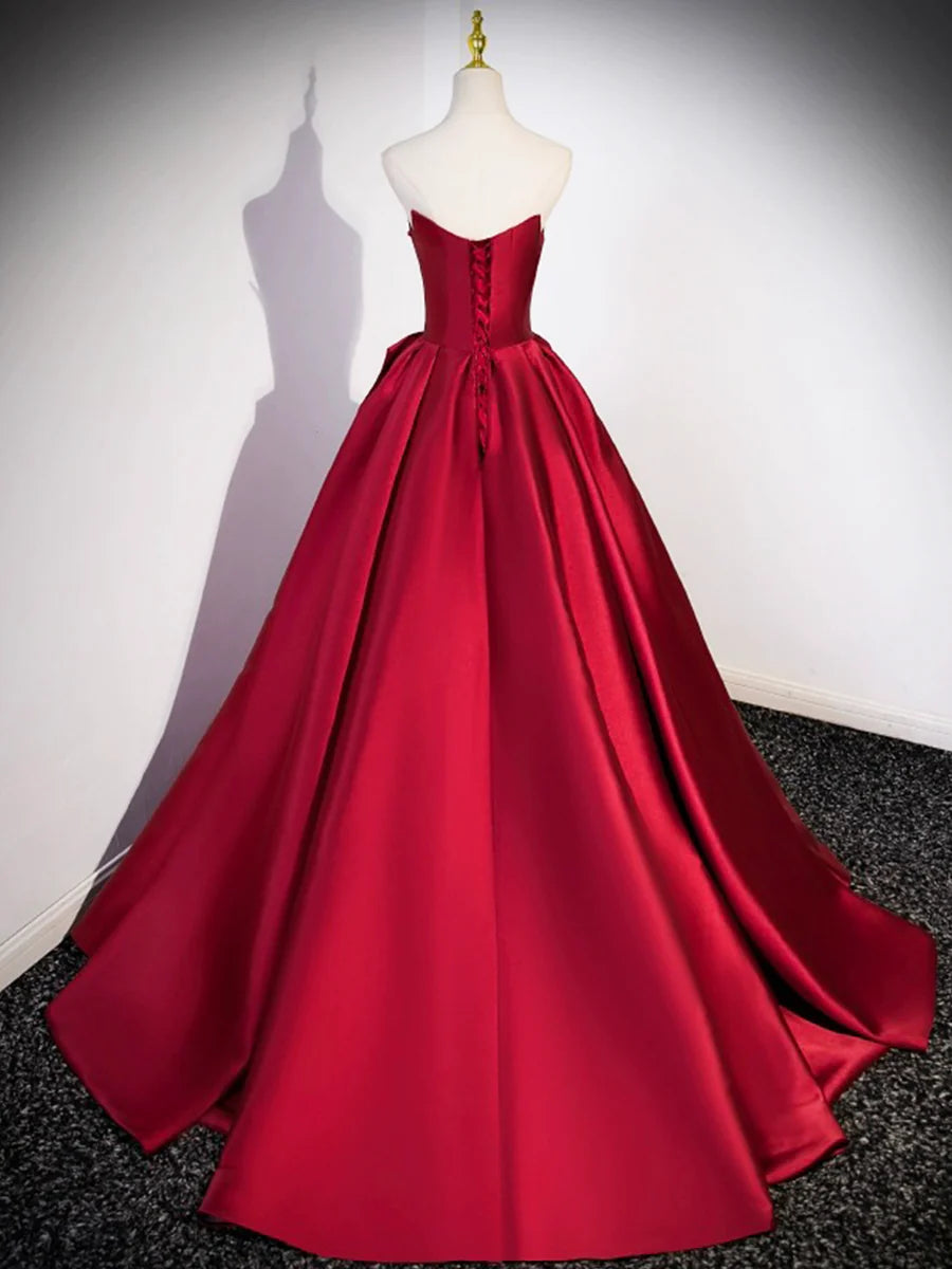 Burgundy Satin Strapless Long Prom Dress, Beautiful A-Line Evening Party Dress TP172