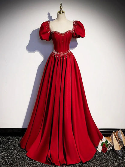 Elegant Burgundy Floor Length Prom Dress, A-Line Beading Puffy Short Sleeve Backless Evening Dress TP173