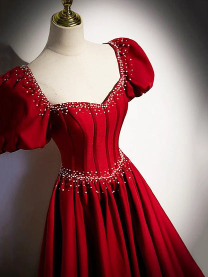 Elegant Burgundy Floor Length Prom Dress, A-Line Beading Puffy Short Sleeve Backless Evening Dress TP173