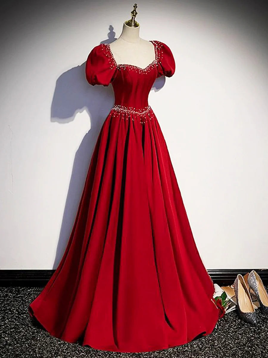 Elegant Burgundy Floor Length Prom Dress, A-Line Beading Puffy Short Sleeve Backless Evening Dress TP173
