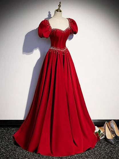 Elegant Burgundy Floor Length Prom Dress, A-Line Beading Puffy Short Sleeve Backless Evening Dress TP173