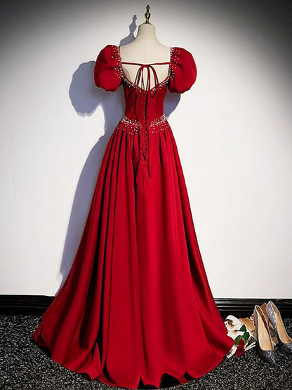 Elegant Burgundy Floor Length Prom Dress, A-Line Beading Puffy Short Sleeve Backless Evening Dress TP173