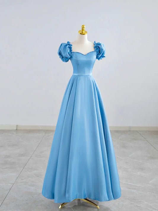 Blue Satin Beaded Floor Length Prom Dress, Blue A-Line Short Sleeve Evening Dress TP175
