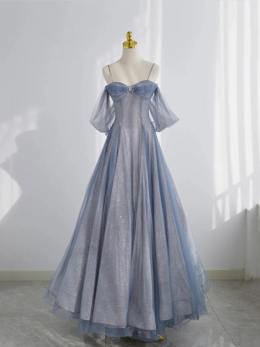 Blue Tulle Long Prom Dress, A-Line Off the Shoulder Blue Evening Party Dress TP176
