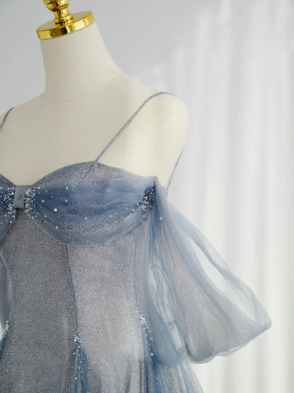 Blue Tulle Long Prom Dress, A-Line Off the Shoulder Blue Evening Party Dress TP176