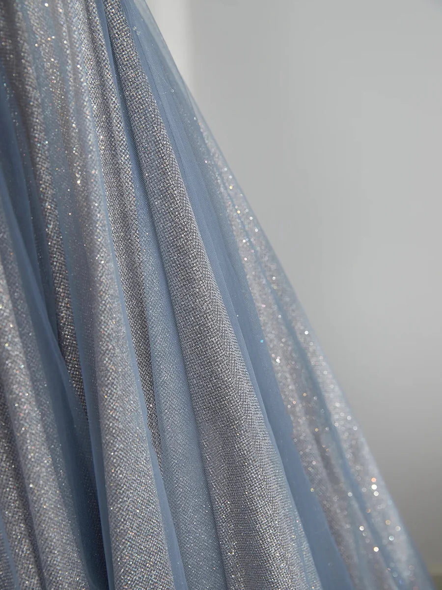 Blue Tulle Long Prom Dress, A-Line Off the Shoulder Blue Evening Party Dress TP176