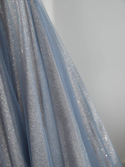 Blue Tulle Long Prom Dress, A-Line Off the Shoulder Blue Evening Party Dress TP176