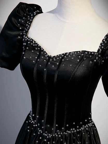Black Satin Beaded Floor Length Prom Dress, Black A-Line Short Sleeve Evening Dress TP177