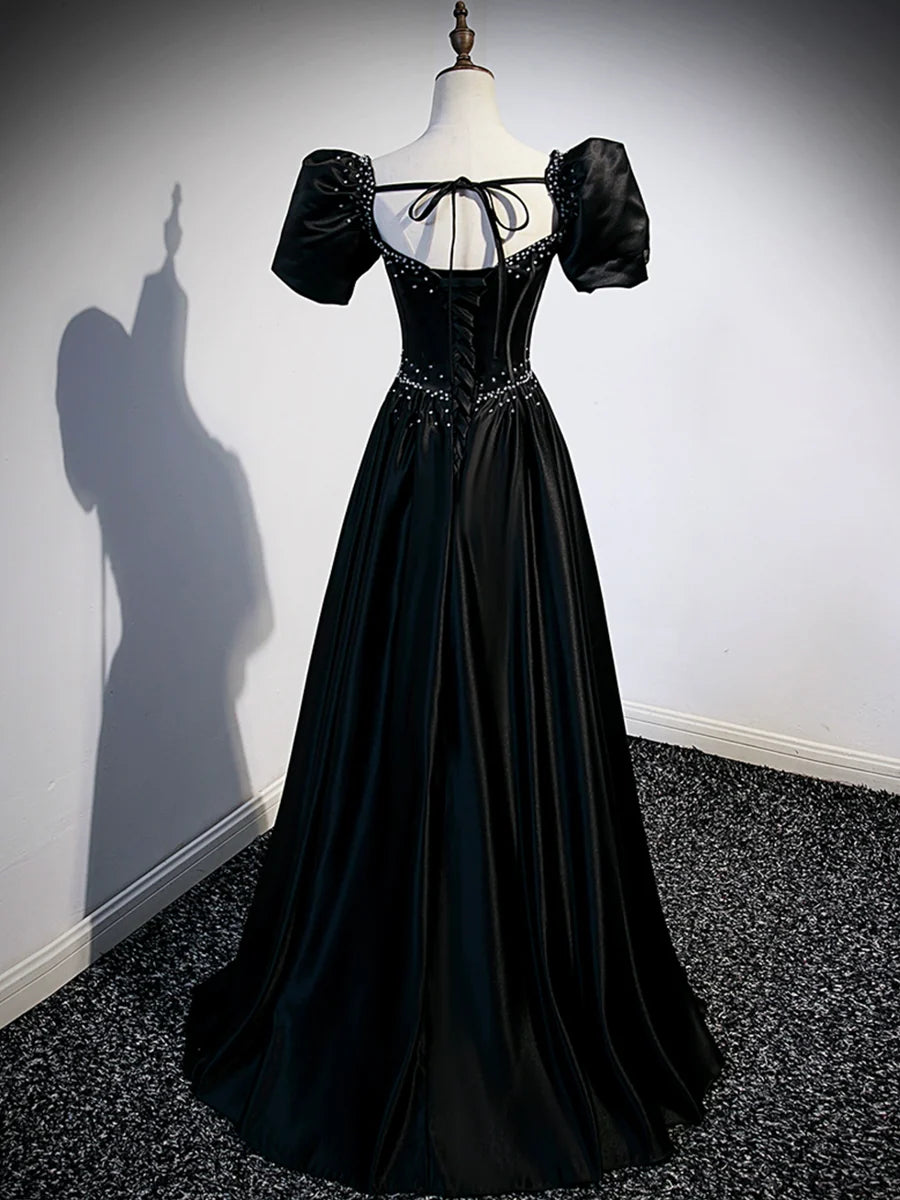 Black Satin Beaded Floor Length Prom Dress, Black A-Line Short Sleeve Evening Dress TP177